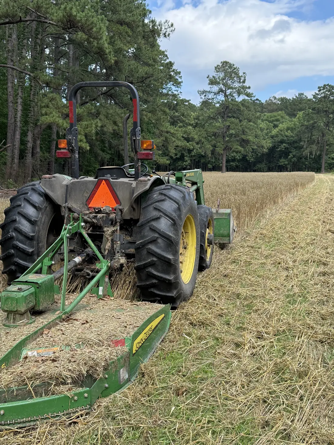 Tractor and rotary cutter mowing heavy field growth